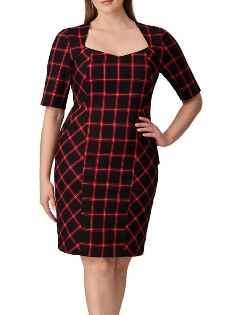 Trina Turk Black and Red Plaid Square-Neck Sheath Dress